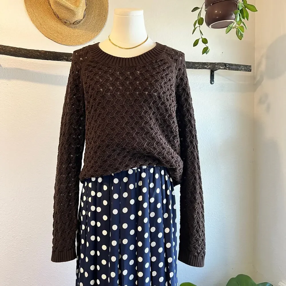 LOFT Cotton Chocolate Brown Chunky Woven Knit Crewneck Sweater Size Large